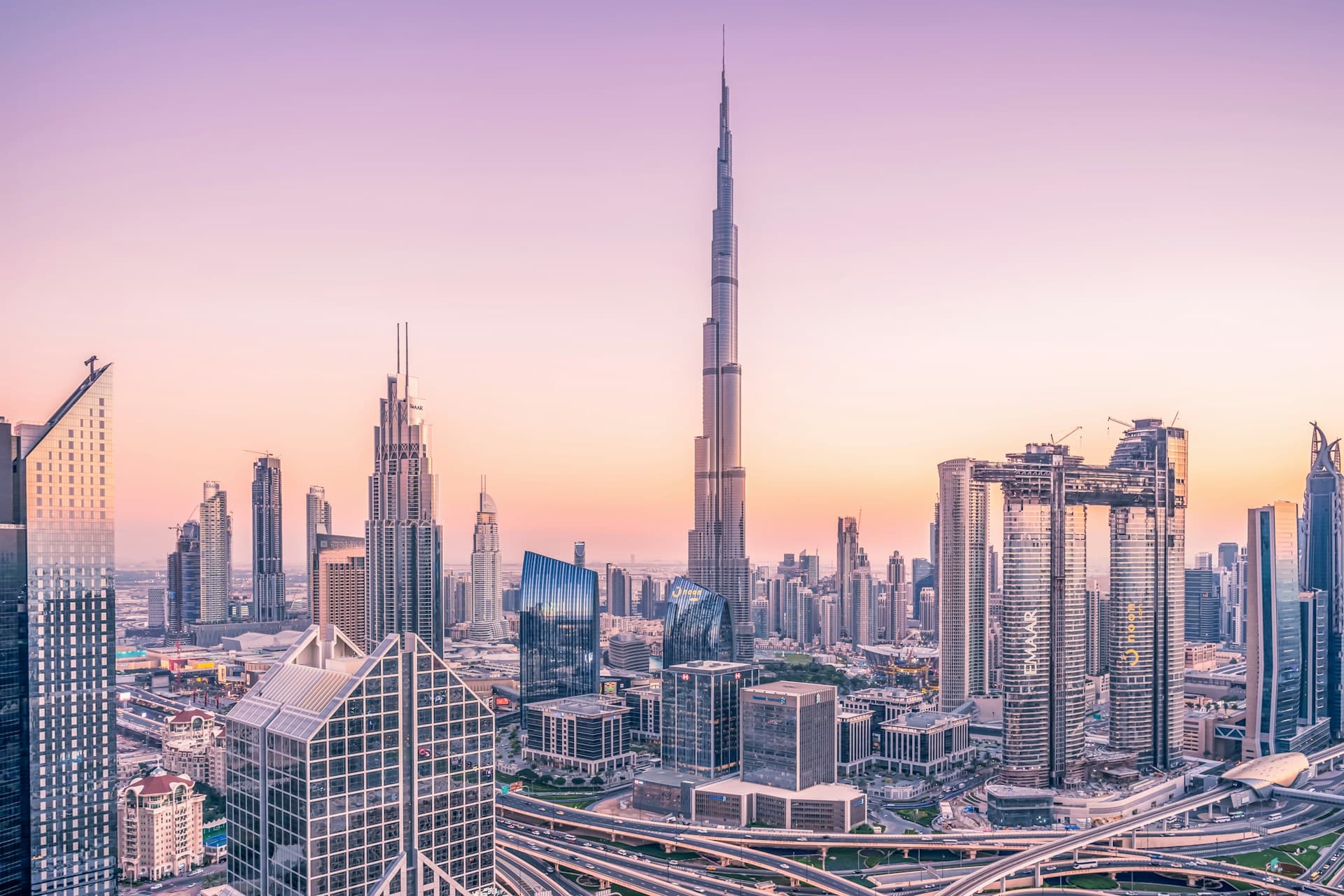 Dubai skyline with the Burj Khalifa rising above Downtown Dubai